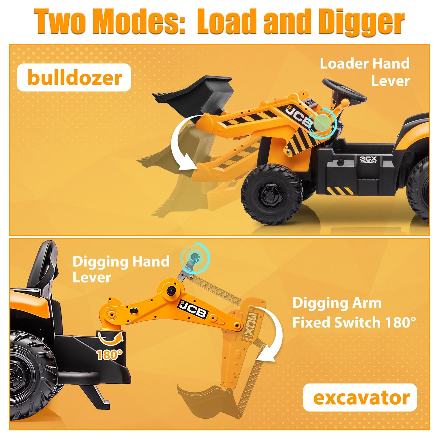 24V JCB Ride on Excavator Toy, 3-In-1 Battery Powered Electric Tractor Car with Reversible Seat, Remote Control & Bluetooth, Backhoe for Kids 3-6, Yellow