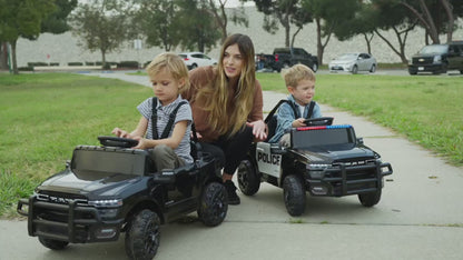 Licensed RAM 3500 Police Ride-On Truck 12V Electric Kids Car with Remote Control, Bluetooth, LED Lights & Suspension – Black