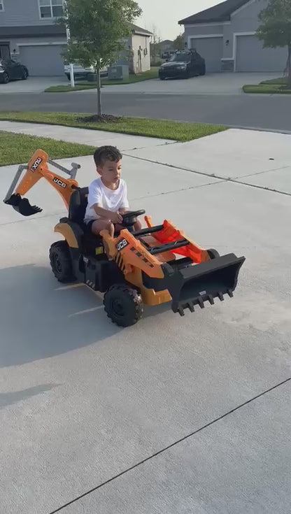 24V JCB Ride on Excavator Toy, 3-In-1 Battery Powered Electric Tractor Car with Reversible Seat, Remote Control & Bluetooth, Backhoe for Kids 3-6, Yellow