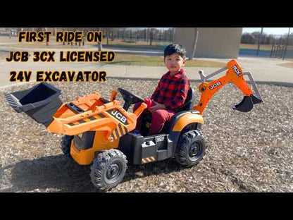 24V JCB Ride on Excavator Toy, 3-In-1 Battery Powered Electric Tractor Car with Reversible Seat, Remote Control & Bluetooth, Backhoe for Kids 3-6, Yellow