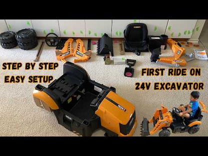 24V JCB Ride on Excavator Toy, 3-In-1 Battery Powered Electric Tractor Car with Reversible Seat, Remote Control & Bluetooth, Backhoe for Kids 3-6, Yellow