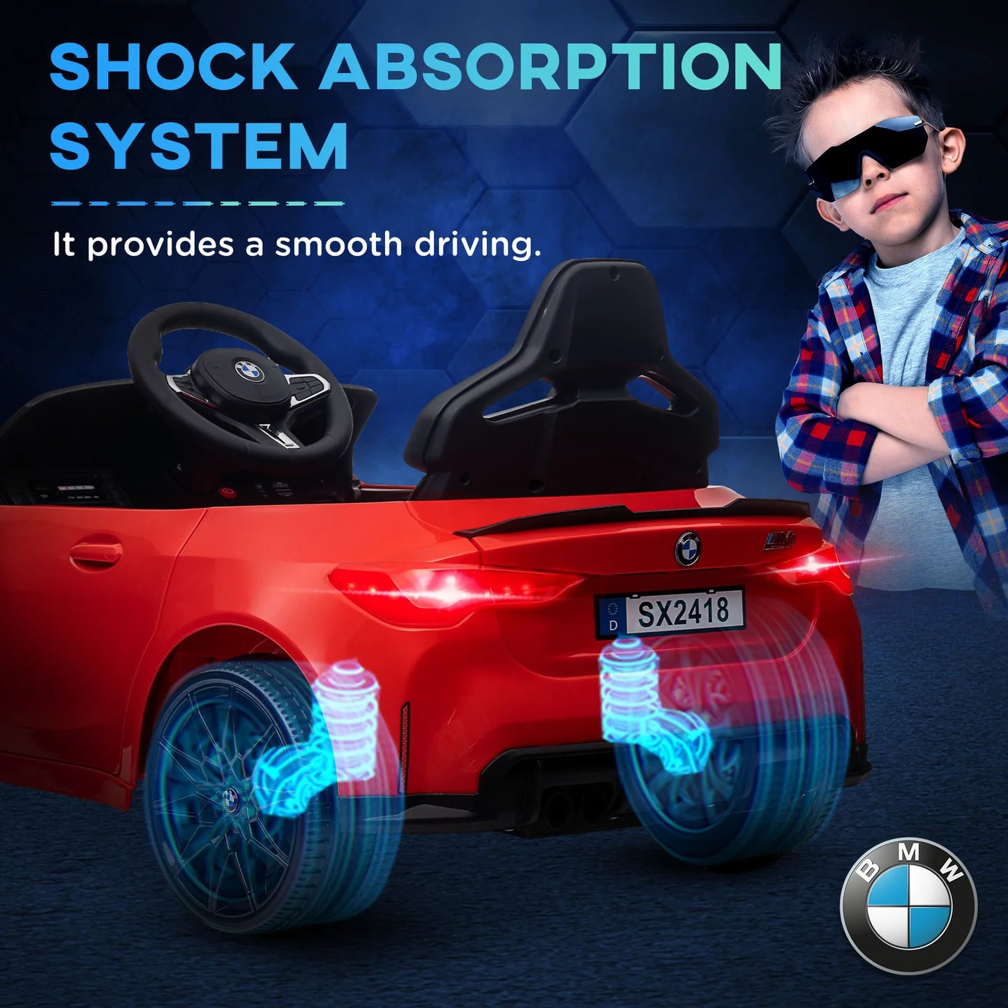 BMW M4 Kids Ride-On Car – 12V  Electric Sports Car with Remote Control, Safety Belt & LED Fun