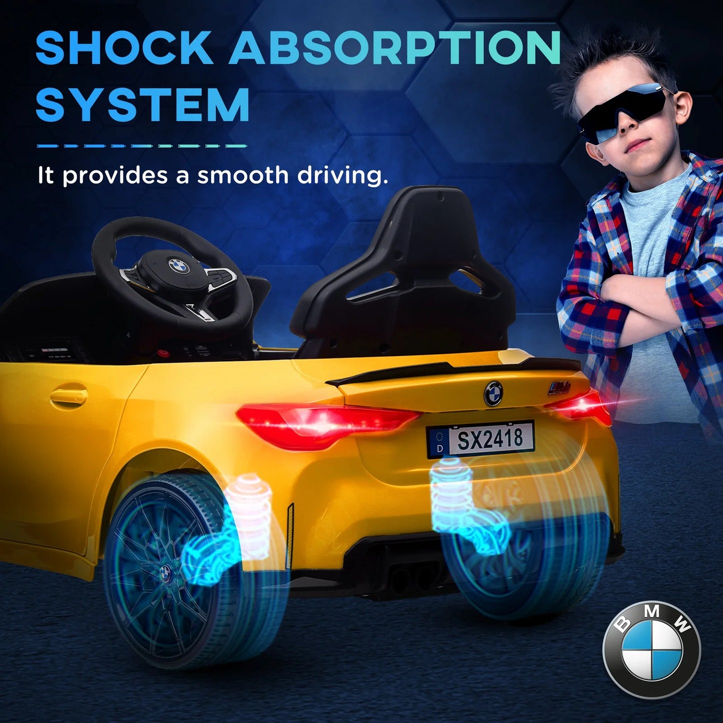 BMW M4 Kids Ride-On Car – 12V  Electric Sports Car with Remote Control, Safety Belt & LED Fun